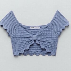 Zara NWT JR M Blue Crochet Sweater Knit Crop Bra Top Bow